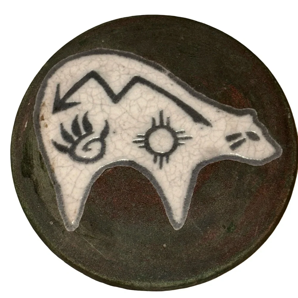 New! Raku Pottery Works Sighed J. Diller Bear Design Coasters Set of 4